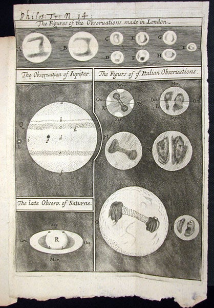 Engraving illustrating articles on Giovanni Domenico’s telescopic discoveries in Bologna and those of Robert Hooke in London, Philosophical Transactions, edited by Henry Oldenburg, no. 14, July 2, 1666 (Linda Hall Library)