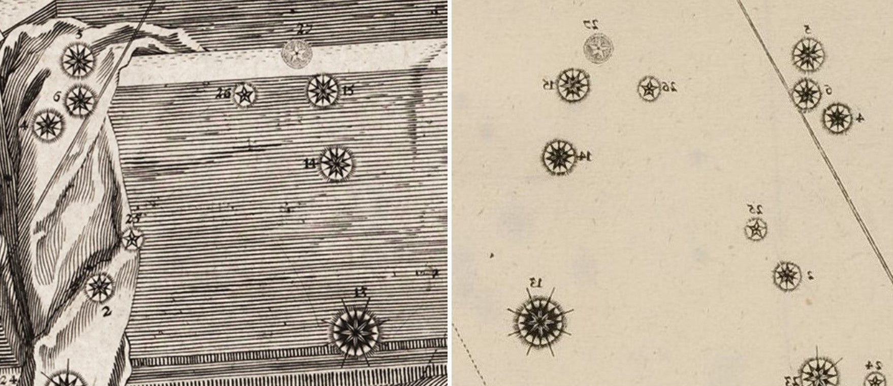 L: Detail of Sepulcher [Andromeda]. Image source: Schiller, Julius. Coelum stellatum Christianum. Augsburg: Praelo Andreae Apergeri, 1627, pl. 20.
R: Detail of counterproof of Sepulcher [Andromeda]. Image source: Schiller, Julius. Coelum stellatum Christianum concavum. Augsburg, 1627, pl. 20.
