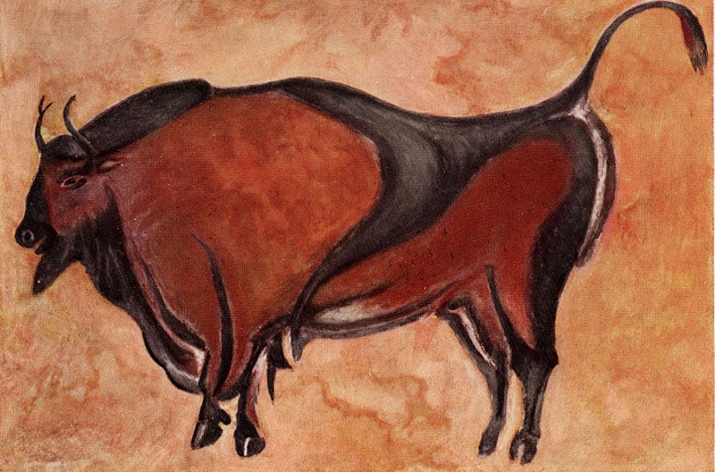 Altamira bull or bison, copy of a painting by Abbé Breuil, in Henry Fairfield Osborn, “Men of the Old Stone Age.”  American Museum Journal, vol. 12, 1912 (Linda Hall Library)