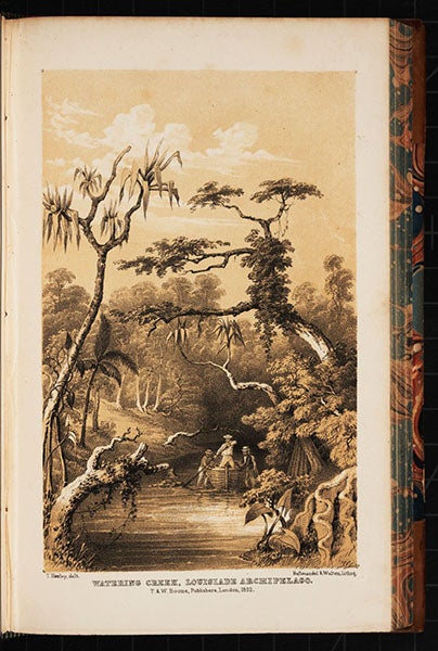 Navigating Watering Creek, Louisiade Archipelago, tinted lithograph after sketch by Thomas H. Huxley, in Narrative of the Voyage of H.M.S. Rattlesnake, by John MacGillivray, vol. 1, 1852 (Linda Hall Library)