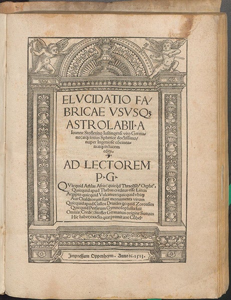 Title page, Elucidatio fabricae vsusq[ue] astrolabii, by Johannes Stöffler, 1513 (Linda Hall Library)