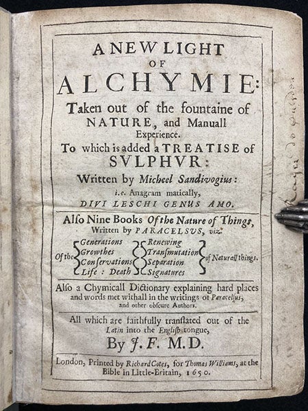 Title page, A New Light of Alchymie, by Michael Sendivogius, 1650, which contains as its second treatise, On the Nature of Things, by Paracelsus, 1650 (Linda Hall Library)