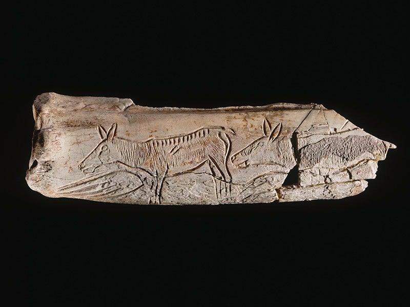 The “Hinds of Chaffaud,” a carved reindeer femur found in Chaffaud cave in Savigne in the commune of Vienne, France, before 1852, now acknowledged as the first discovered piece of paleolithic art, now in the Musée d'Archéologie nationale, Saint-Germain-en-Laye, France (musee-archeologienationale.fr)