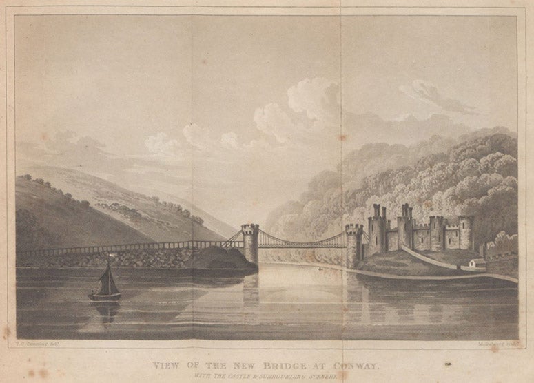 The Conwy Suspension Bridge, designed by Thomas Telford, aquatint engraving after a drawing by T.G. Cumming, in Description of the Iron Bridges of Suspension Now Erecting over the Strait of Menai, at Bangor, and over the River Conway, in North Wales; with Two Views, by T.G. Cumming, Surveyor, 1824 (Linda Hall Library)