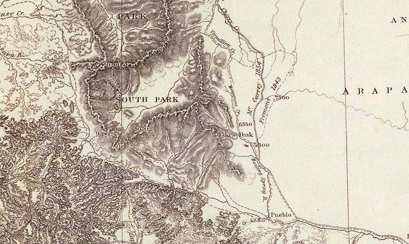 The Colorado Rockies and Pike’s Peak, detail of G.K. Warren, <i>Map of the Territory of the United States</i>, 1861 (David Rumsey Map Collection)