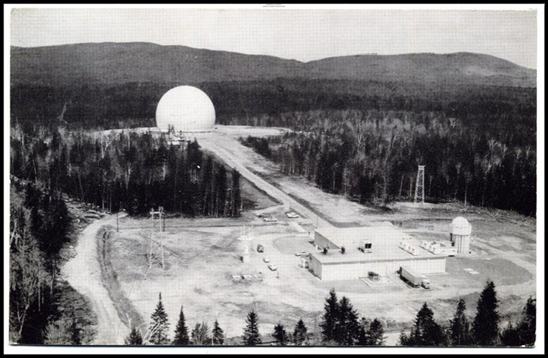Andover Station, Maine; the giant horn antenna was under the 160-foot-tall Dacron dome in the distance, photograph, 1962, Maine Memory Network (mainememory.net)