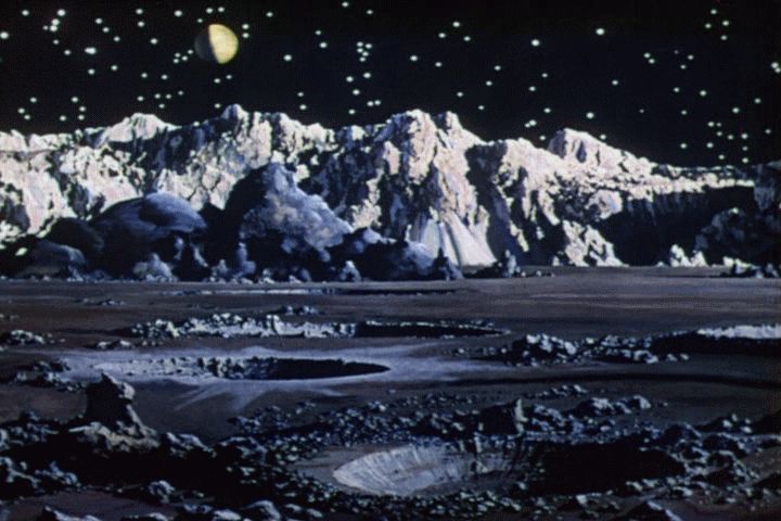 Matte painting of a lunar landscape, by Chesley Bonestell, for Destination Moon, 1950 (scifist.wordpress.com