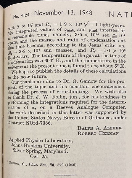 Concluding paragraphs of “Evolution of the Universe,” by Ralph A. Alpher and Robert Herman, where they state: “the temperature in the universe at the present time is found to be about 5° K.”, Nature, vol. 162, Nov. 13, 1948 (Linda Hall Library)