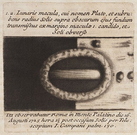 Detail of the crater Plato, mezzotint from Francesco Bianchini, <i>Hesperi et Phosphori</i>, 1728 (Linda Hall Library)