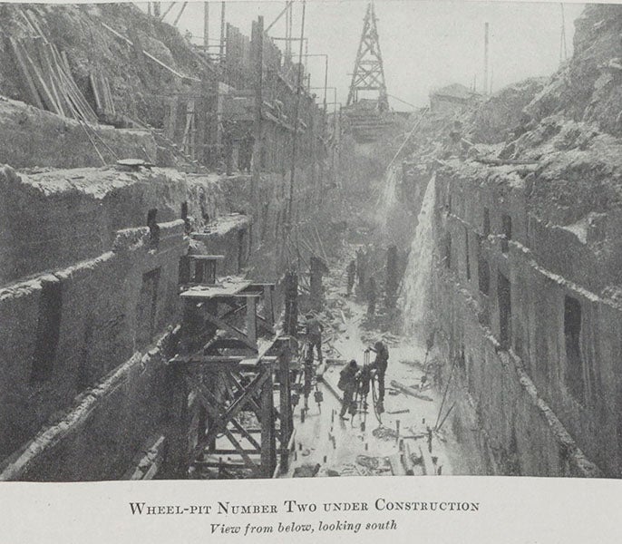 Wheel-pit to hold the underground turbines, under construction, ca 1894 photograph, in Edward Dean Adams, Niagara Power, vol. 2, 1927 (Linda Hall Library)