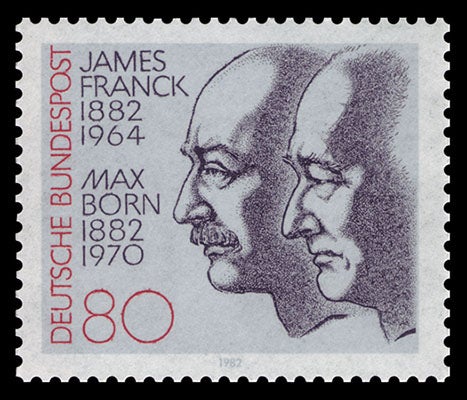 Postage stamp, issued in 1982 by the German Bundespost to honor the centennial of the births of James Franck and Max Born (Wikimedia commons)