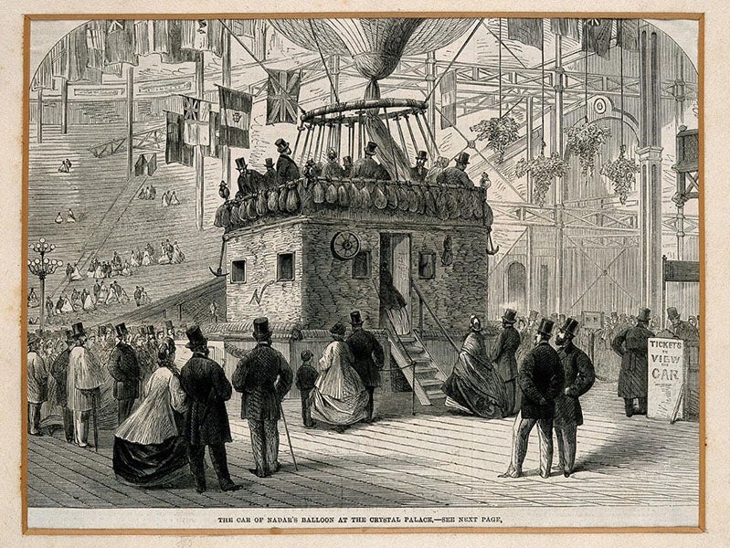 The wicker gondola for Le Géant, on display (for a price of admission) in London, wood engraving, 1863, Wellcome Collection, London (welcomecollection.org)
