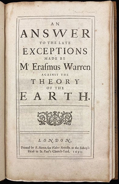 Title page, Thomas Burnet, An Answer to the Late Exceptions made by Mr Erasmus Warren against the Theory of the Earth, 1690 (Linda Hall Library)