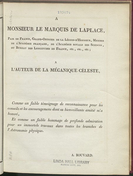 Dedication to Pierre Simon Laplace, by Alexis Bouvard, Tables astronomiques … contenant les tables de Jupiter, de Saturne et d'Uranus, by Alexis Bouvard, 1821 (Linda Hall Library)