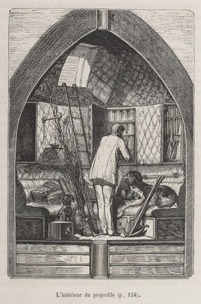 The projectile fitted out by Michel Ardan for the 97 hour journey to the Moon, wood engraving after a design by Henri de Montaut, in De la terre à la lune, by Jules Verne, 1865, here from the 1868 ed, Bibliothèque nationale de France (gallica.bnf.fr)