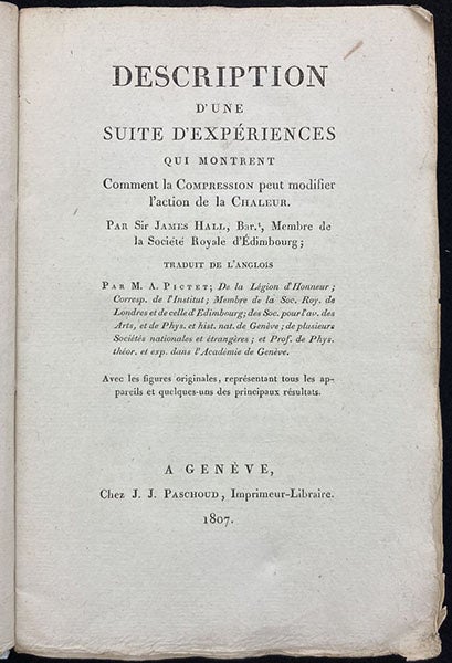 Title page, Description d’une suite d’expériences qui montrent comment la compression peut modifier l’action de la chaleur, by James Hall, tr. by Marc-Auguste Pictet, 1807 (Linda Hall Library)
