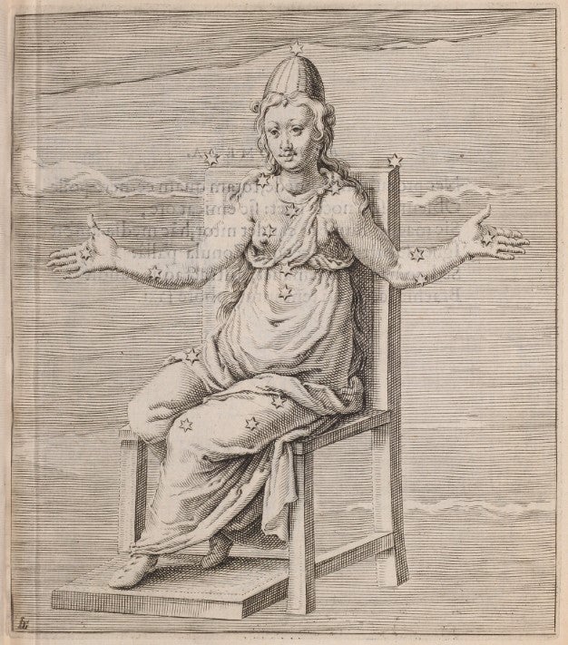 Cassiopeia by Jacobus de Gheyn. Image source: Aratus, Solensis. Hug. Grotii Syntagma Arateorum. Leiden: Ex Officinâ Plantinianâ, 1600, p. 29.