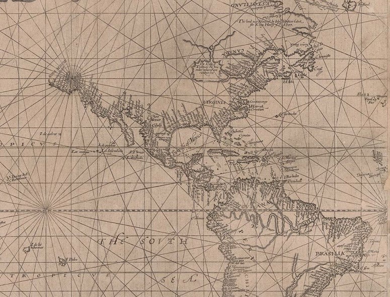 Detail of left sheet of Wright-Molyneux world map, using the Mercator projection, by Edward Wright, 1599, New York Public Library (digitalcollections.nypl.org)