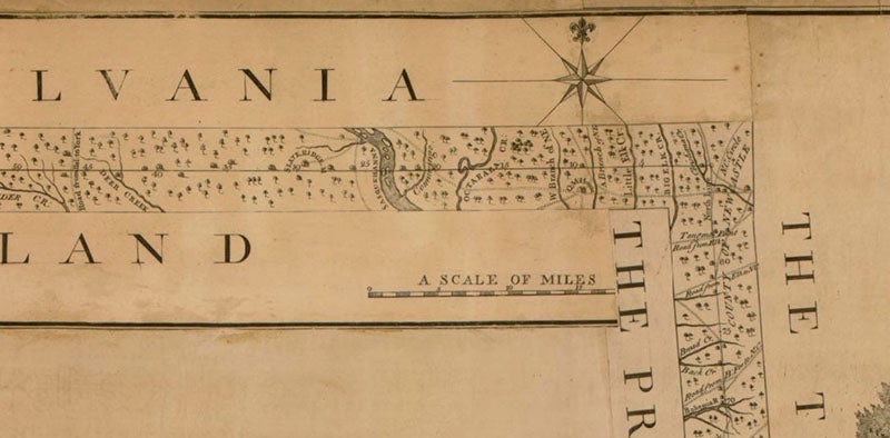 Detail of upper right corner of the map of 1768 (third image), showing where the east-west line makes a 90° turn to the south, Library of Congress (loc.gov)