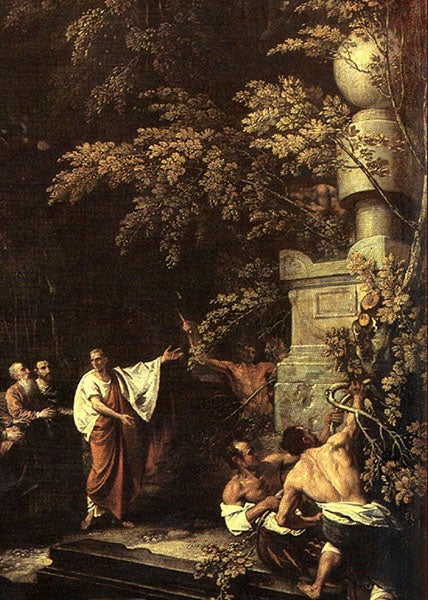 Cicero and the sphere and cylinder on the tomb monument of Archimedes, detail of first image,  Cicero Discovering the Tomb of Archimedes, oil on canvas, by Benjamin West, 1797, collection of Michael Eisner (Wikimedia commons)