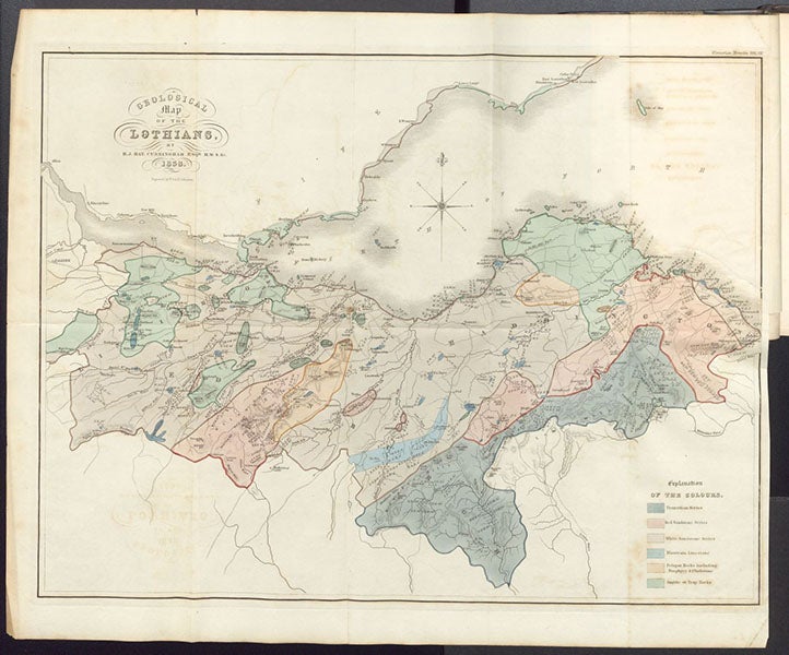 “Geological map of the Lothians,” hand-colored engraved frontispiece, Essay on the Geology of the Lothians, by Robert J. Hay Cunningham, 1838 (Linda Hall Library)