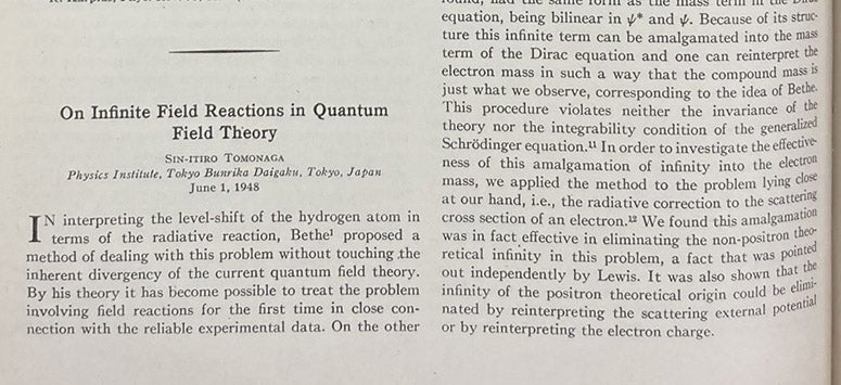 First paragraph, “On infinite field reactions in quantum field theory,” by Sin-itiro Tomonaga, Physical Review, vol. 74, p. 224, 1948 (Linda Hall Library)
