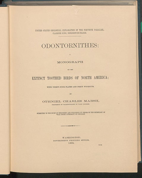 Title page, Odontornithes: A Monograph of the Extinct Toothed Birds of North America, Memoirs of the Peabody Museum of Natural History,  by Othniel C. Marsh, vol. 1, 1880 (Linda Hall Library)