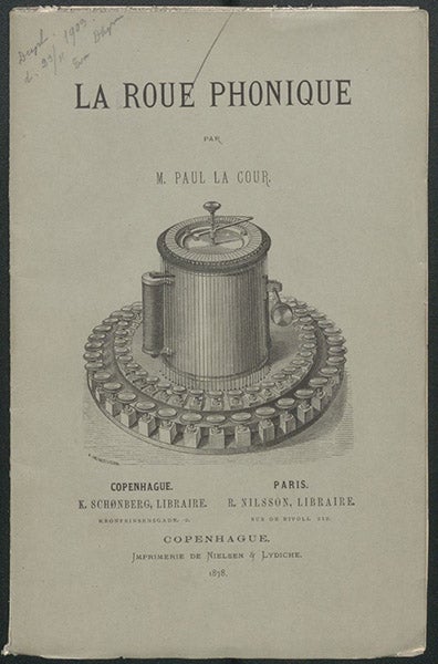 Paper front cover, showing phonic wheel, La roue phonique, by Poul La Cour, 1878 (Linda Hall Library)