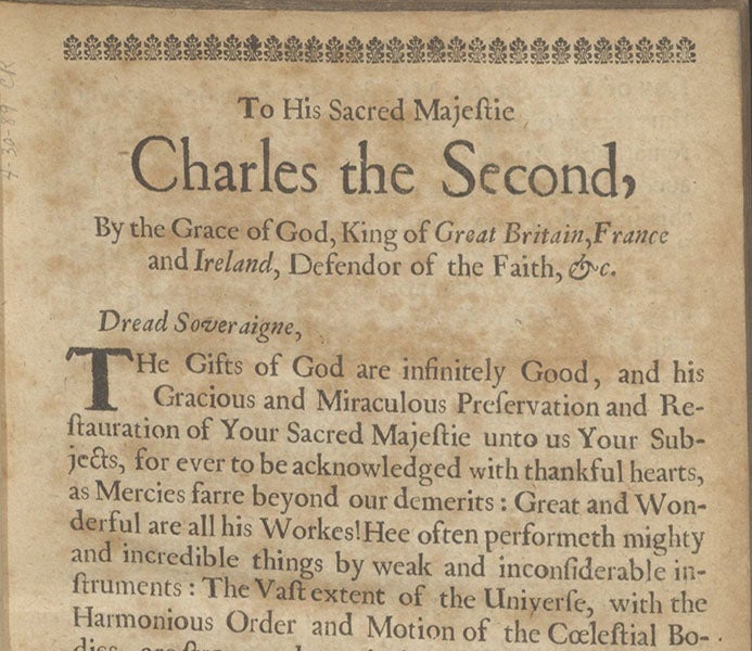 Dedication to King Charles II, detail, Astronomia Carolina: A New Theory of the Coelestial Motions, by Thomas Streete,1661 (Linda Hall Library)