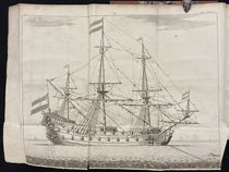 A ship of war, with every gun and block identified, engraved frontispiece, L'art de batir les vaisseaux, by Nicolaas Witsen et al, 1719 (Linda Hall Library)