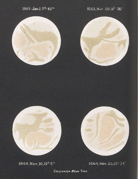 Four views of Mars, by William Rutter Dawes, drawn 1864-65, tinted lithograph in Other Worlds than Ours, by Richard A. Proctor, fifth London ed., 1882  (Linda Hall Library)