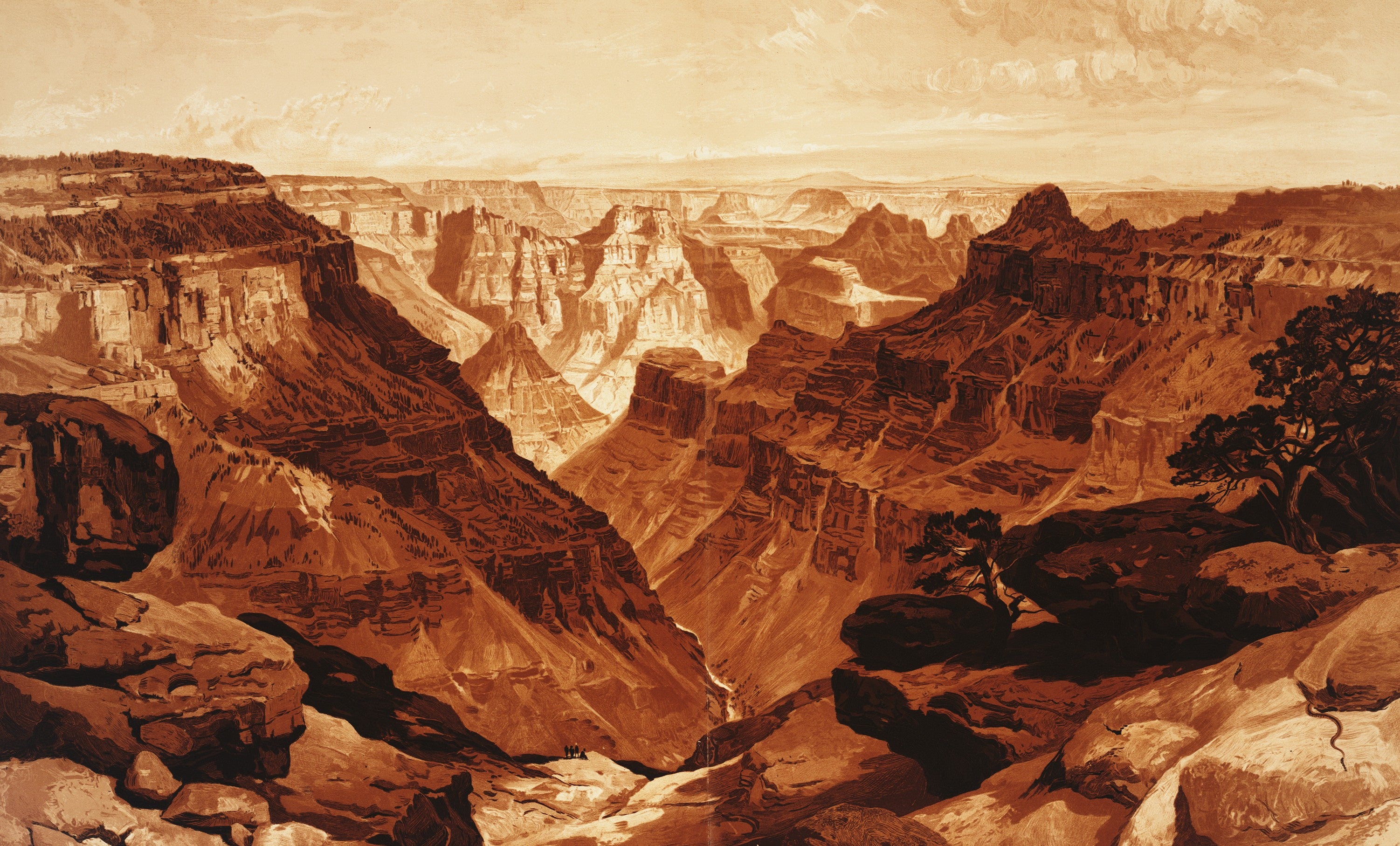 “The Transept, Kaibab Division, Grand Cañon,” chromolithograph after painting by Thomas Moran, in Tertiary History of the Grand Cañon District, by Clarence Dutton, Atlas, pl. XVIII, 1882.