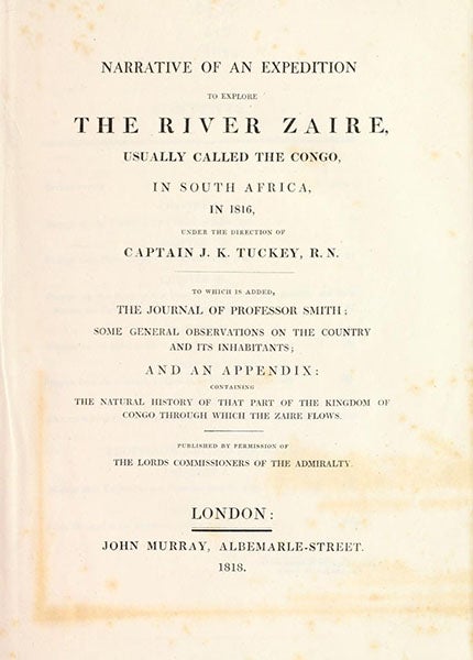 Title page, Narrative of an Expedition to Explore the River Zaire, usually called the Congo, in South Africa, in 1816, by James Tuckey and Christen Smith, 1818, copy at University of California Libraries (biodiversitylibrary.org)
