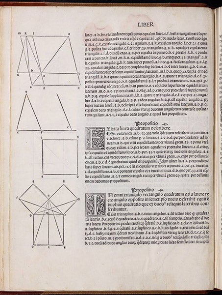 Diagrams for propositions 44-46 of Book I of Euclid’s Elements, including the Pythagorean theorem; these are the first mathematical diagrams to appear in a printed book, 1482 (Linda Hall Library)