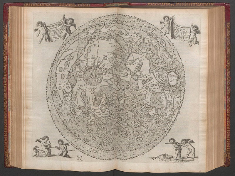 Moon map with added nomenclature, double-page engraving, in Johannes Hevelius, Selenographia, 1647 (Linda Hall Library)