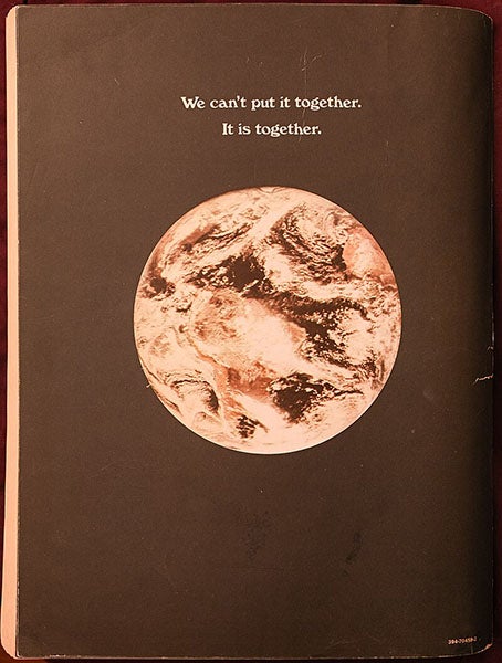 Back cover of the Last Whole Earth Catalog, 1972, saying goodbye to the ATS-3 image of the whole Earth (Wikimedia commons)