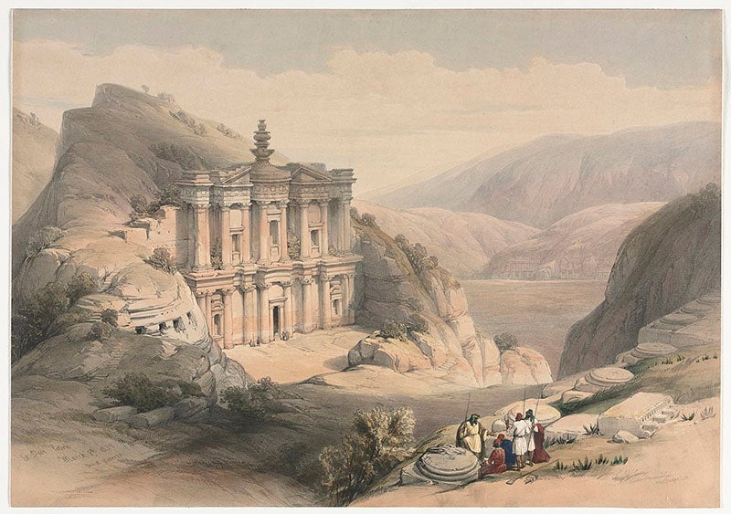 The “Monastery” at Petra in Jordan, carved from solid rock, tinted lithograph by David Roberts, 1839, Cleveland Museum of Art (Wikimedia commons)