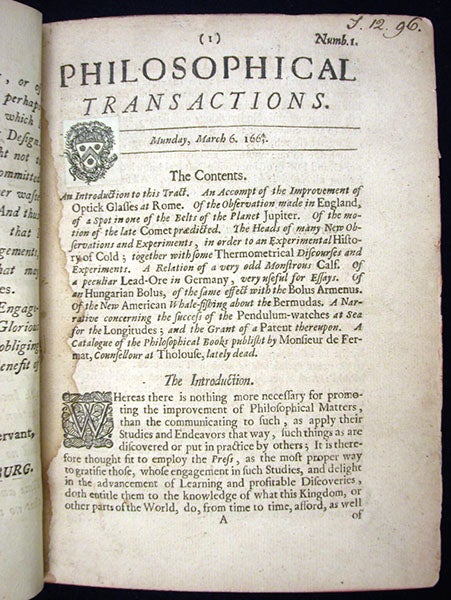 First page of the first issue of the Philosophical Transactions, edited by Henry Oldenburg, Mar. 6, 1665 (Linda Hall Library)