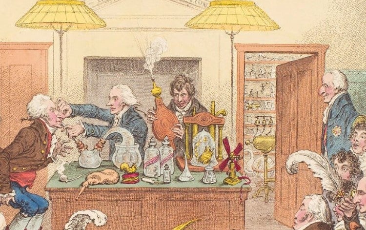 Detail of the laughing gas demonstration depicted in the fifth image, caricaturing (right to left) Benjamin Thompson, Count Rumford; Humphry Davy; Thomas Garnett or James Watt; and James Coxe Hippisley (npg.uk.org)