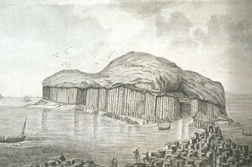 Island of Staffa. Image source: Faujas-de-St.-Fond, cit. Barthélemy (1741-1819). Voyage en Angleterre, en Écosse et aux îles Hébrides: ayant pour objet les sciences, les arts, l’histoire naturelle et les moeurs.... Vol. 2, Paris: H. J. Jansen, 1797, pl. 2.