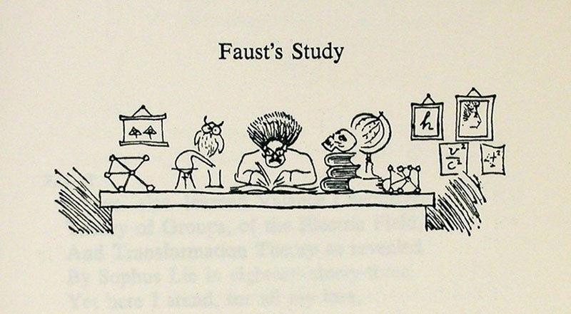 “Faust’s Study”, with Ehrenfest as Faust, headpiece to Part 1 of Faust: Eine Historie, 1932, as reproduced in George Gamow, Thirty Years That Shook Physics, Doubleday, 1966 (author’s copy)
