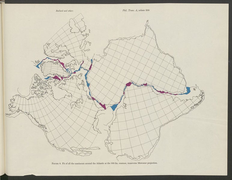 All the Atlantic Ocean land-masses joined at 500-fathom depth, compute- generated map programmed by Alan Smith and Jim Everett, in Philosophical Transactions of the Royal Society of London, vol. 258A, 1965 (Linda Hall Library)