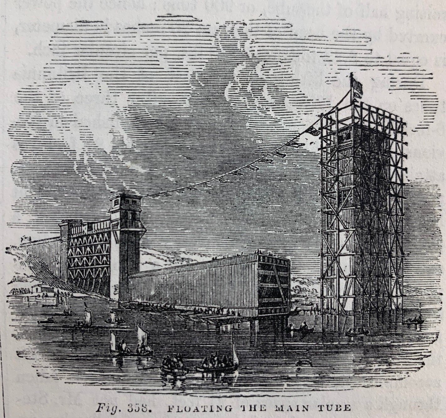 Scenic view of a tube floating into position. Image source: Tomlinson, Charles. Cyclopædia of useful arts, mechanical and chemical, manufactures, mining, and engineering. London, New York, G. Virtue & co., 1854.