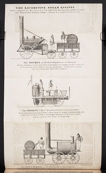 Rocket, Novelty, and Sans Pareil, locomotives built for the Rainhill Trials, lithograph in Mechanics' Magazine, Register, Journal, and Gazette, vol. 12, p. 236, Nov. 28, 1829 (mounted following p. 114 in our copy) (Linda Hall Library)