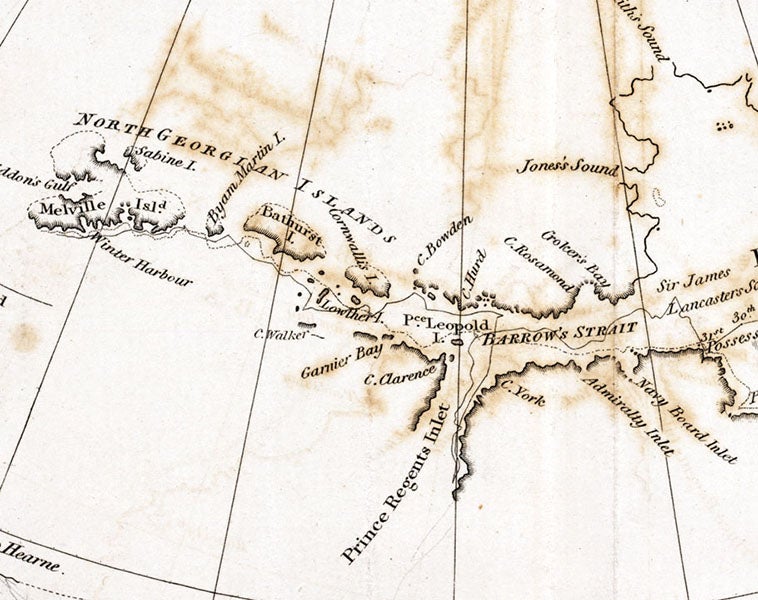 Detail of Parry’s map of the Arctic archipelago (third image), showing the path of HMS Hecla and Griper from Baffin Bay through Lancaster Sound and Barrow Strait to Melville Island and their camp at Winter Harbour, detail of an engraving in Journal of a Voyage for the Discovery of a North-West Passage, by William Edward Parry, 1821 (Linda Hall Library)