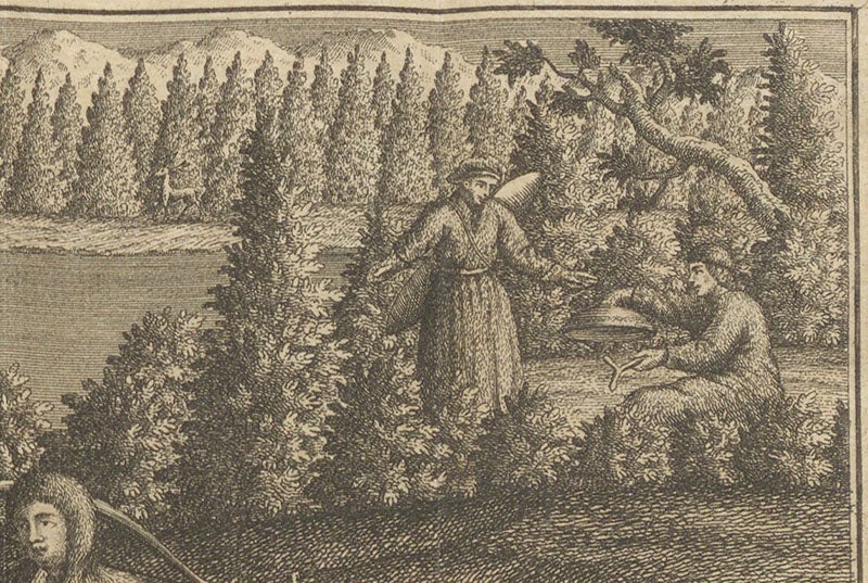 Two Sami engaged in an unidentified activity, detail of first image, Beschreibung von Lappland, by Pehr Högström, 1748 (Linda Hall Library)