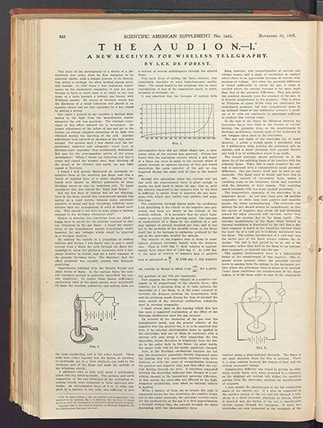 Reprint of De Forest’s first article on “The Audion: A New Receiver for Wireless Telegraphy” in Scientific American Supplement, no 1665 (Nov. 30, 1907). (Linda Hall Library)