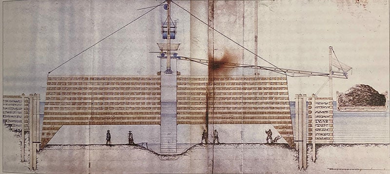 Drawing of the Brooklyn caisson in position, pen and ink, by Washington A. Roebling, 1869, Municipal Archives of New York, reproduced in The Roebling Legacy, by Clifford W. Zink (Princeton Landmark Publications, 2011) (nyc.gov/site/records/historical-records)