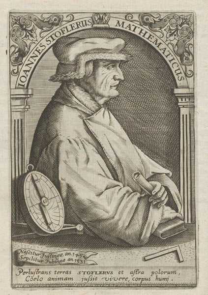 Portrait of Johannes Stöffler, engraved by Theodor de Bry, in Icones quinquaginta virorum illustrium, by Jean Jacques Boissard, vol. 2, p. 274, 1598 (Linda Hall Library)