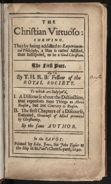 Title page, The Christian Virtuoso, by Robert Boyle, 1690, University of Pennsylvania Libraries (Wikimedia commons)